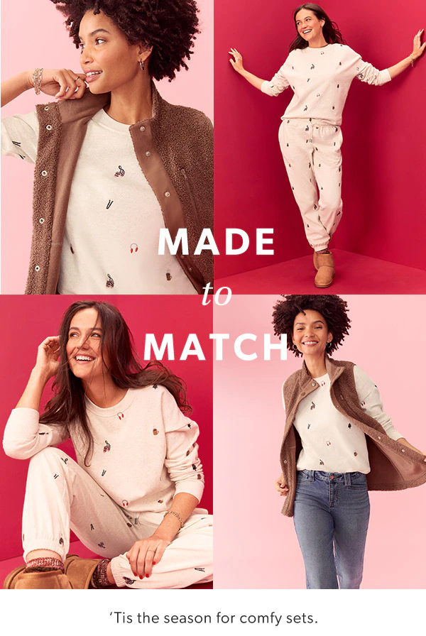 Made to match. ‘Tis the season for comfy sets. Models wearing maurices clothing.