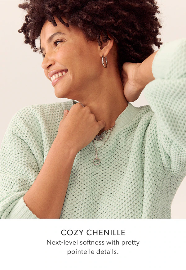 Cozy chenille. Next-level softness with pretty pointelle details. Model wearing maurices clothing.