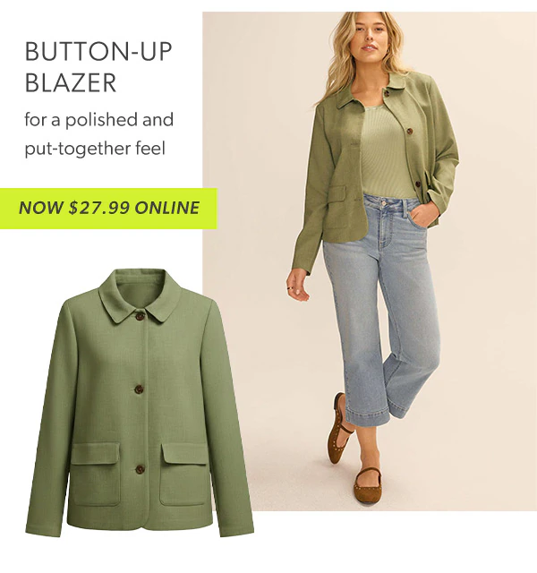 Button-Up blazer. For a polished and put-together feel. Now $27.99 online. Model wearing maurices clothing.