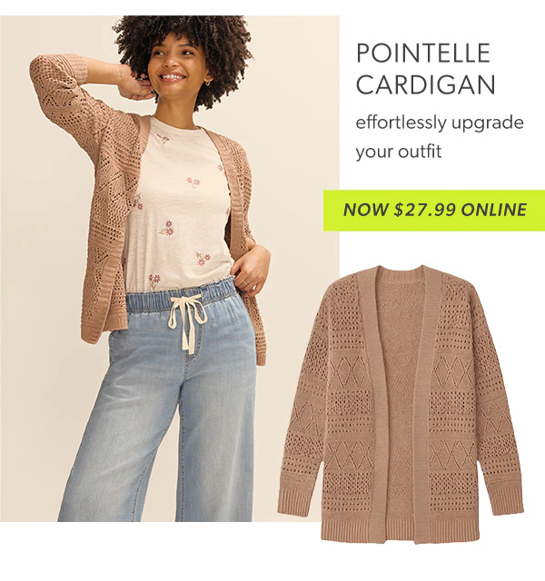 Pointelle cardigan. Effortlessly upgrade your outfit. Now $27.99 online. Model wearing maurices clothing.