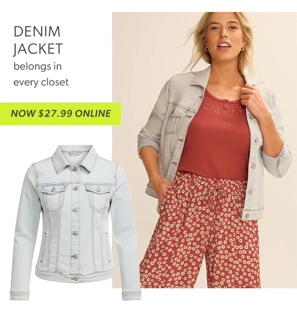 Denim jacket. Belongs in every closet. Now $27.99 online. Model wearing maurices clothing.
