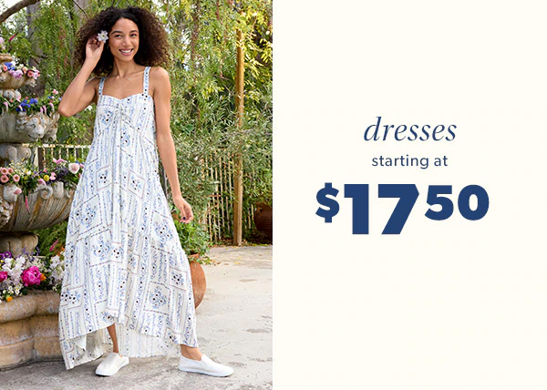 Dresses starting at $17.50. Model wearing maurices clothing.