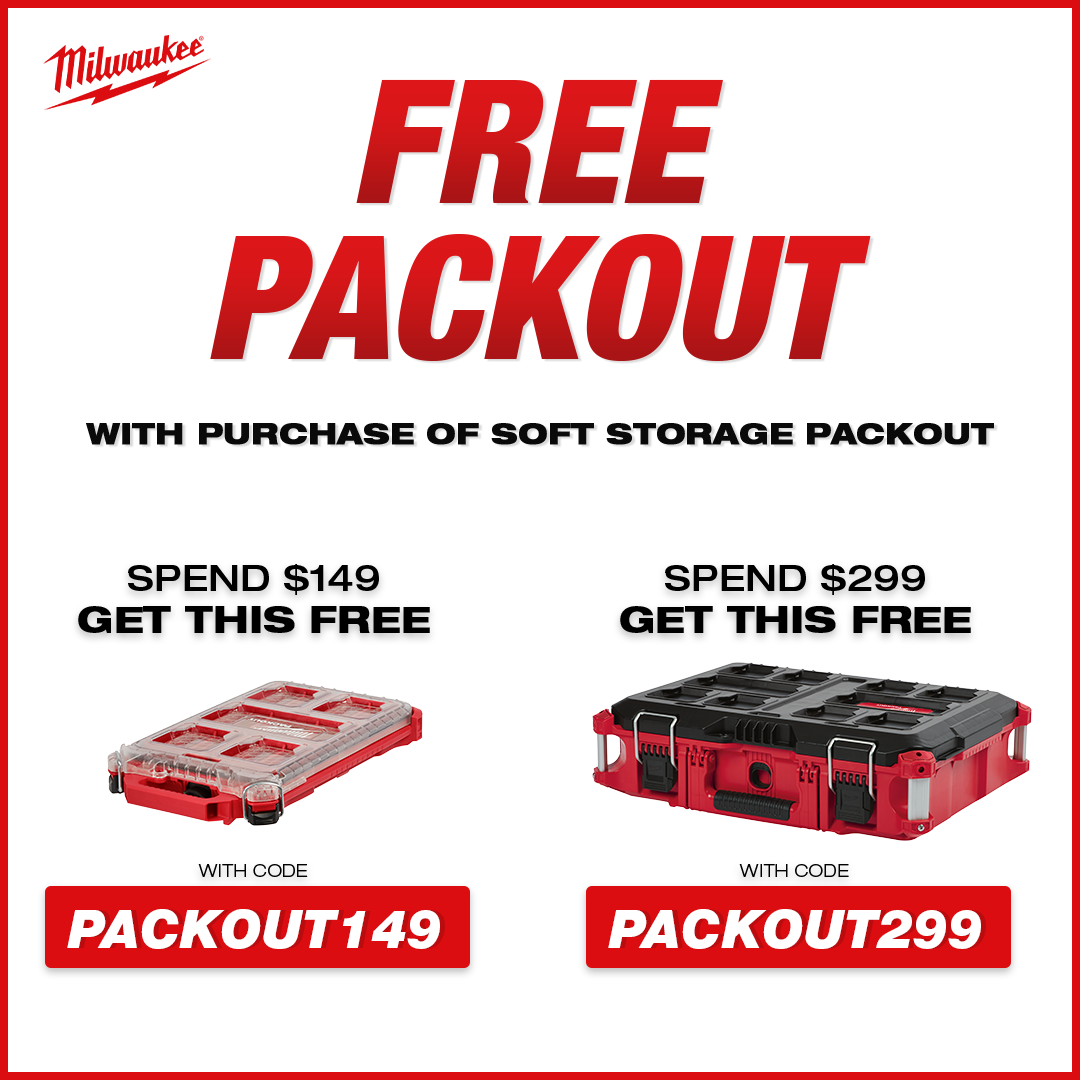 Free Milwaukee PACKOUT With Purchase of Soft Storage PACKOUT | Spend $149 Get A Free Gift Using Code: PACKOUT149 | Spend $299 Get A Free Gift Using Code: PACKOUT299