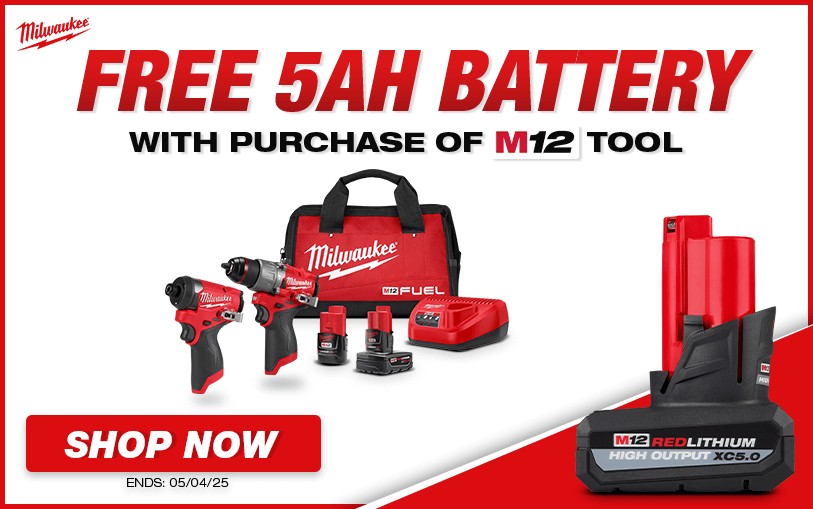 Free Milwaukee 5AH Battery With Purchase of Select M12 Tools
