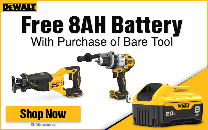 Free DeWALT 8AH Battery With Purchaser of Select DeWALT Bare Tools