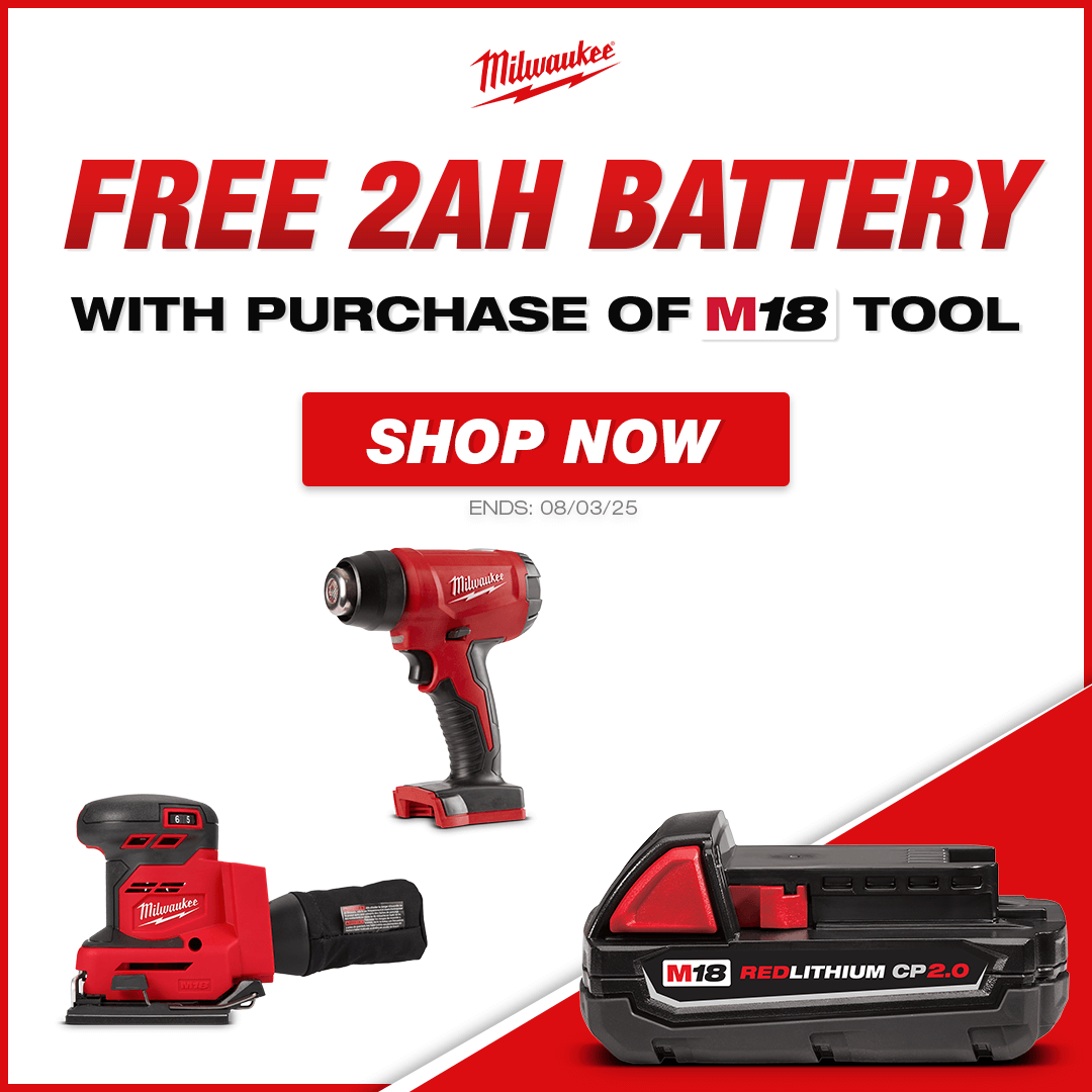 Free Milwaukee 2Ah Battery With Purchase of Select M18 Tools