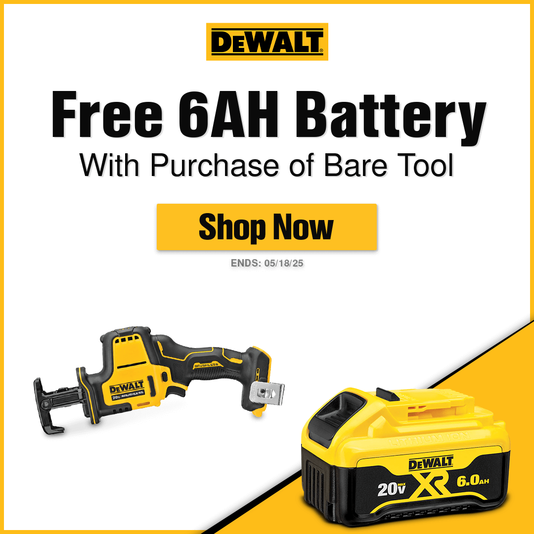 Free 6ah DeWALT Battery With Purchase of Select Bare Tools