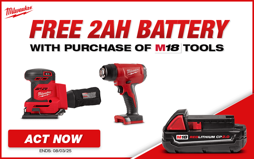 Free Milwaukee 2AH Battery With Purchase of Select M18 tools