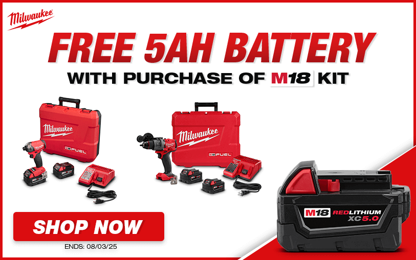 Free Milwaukee 5Ah Battery With Purchase of Select M18 Kits