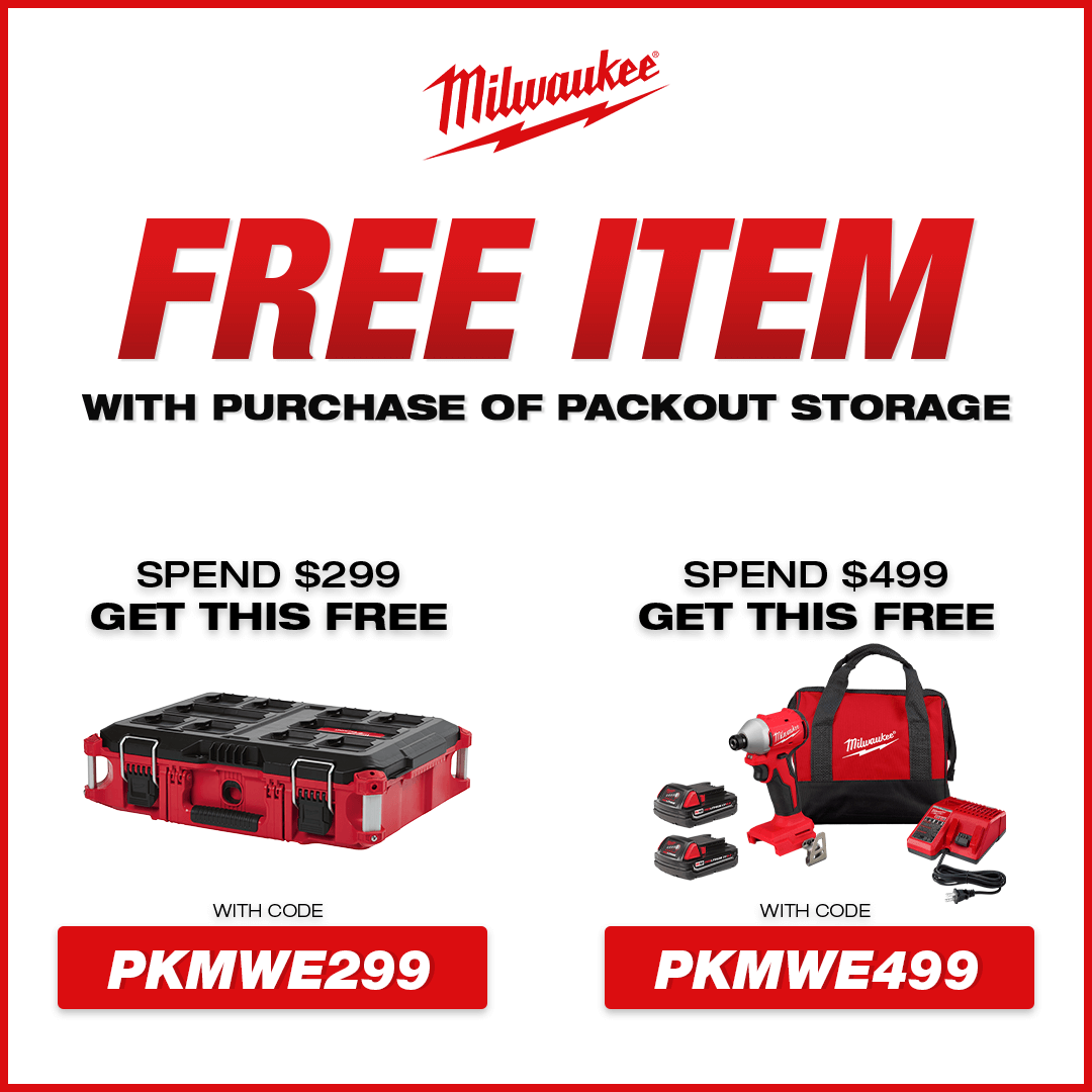 Milwaukee Free item With Purchase of Select PACKOUT Storage | Spend $299 Get An Item Free Using Code: PKMWE299 Or Spend $499 And Get A Free Kit Using Code: PKMWE499