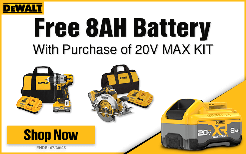 Free DeWALT 8AH Battery With Purchase of Select 20V Max Kits