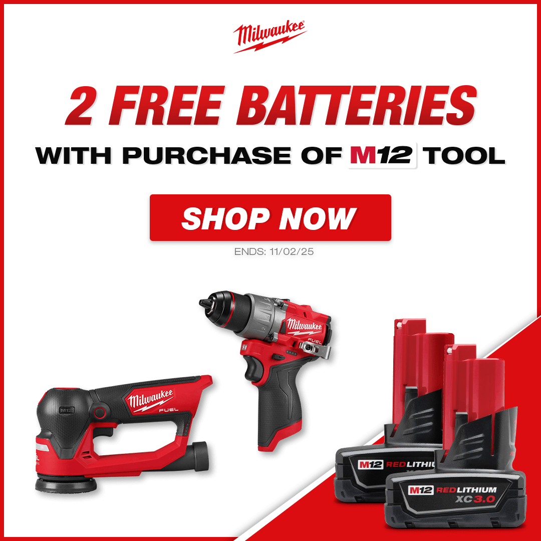 Now Available | 2 Free Milwaukee Batteries With Purchase of Select M12 Tools