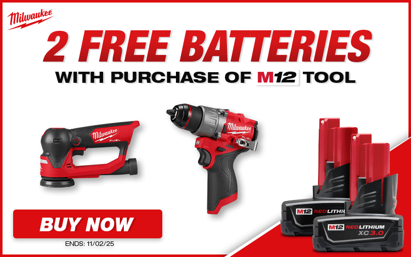 2 Free Milwaukee Batteries With Purchase of Select M12 Tools