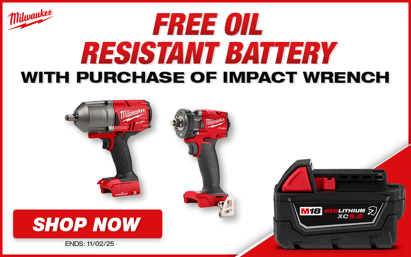 Free Milwaukee Oil Resistant Battery With Purchase of Select Impact Wrenches