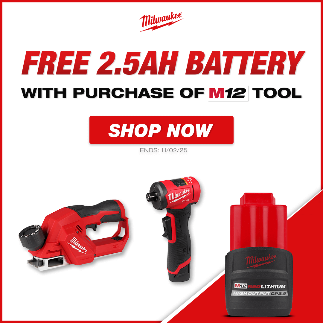 Free MIlwaukee 2.5Ah Battery With Purchase of Select M12 Tools