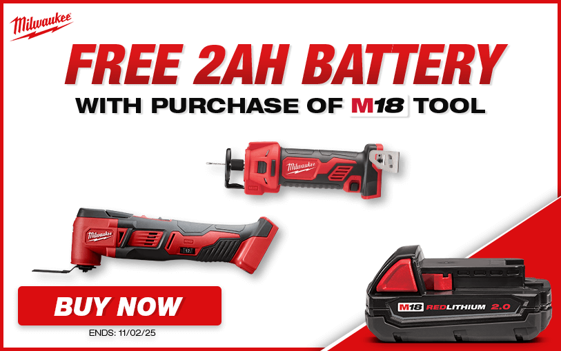 Free Milwaukee 2Ah Battery With Purchase of Select M18 Tools