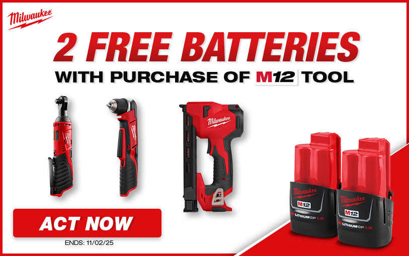2 Free Milwaukee Batteries With Purchase of Select M12 Tools