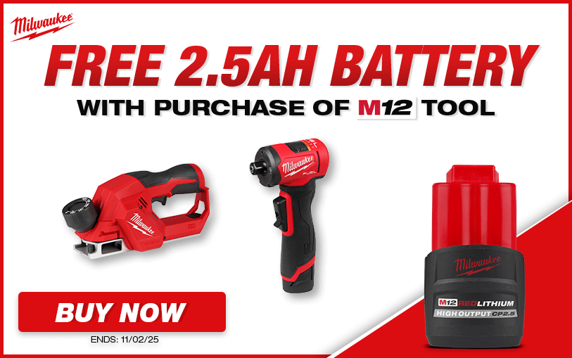 Free Milwaukee 2.5AH Bsattery With Purchase Of Select M12 Tools