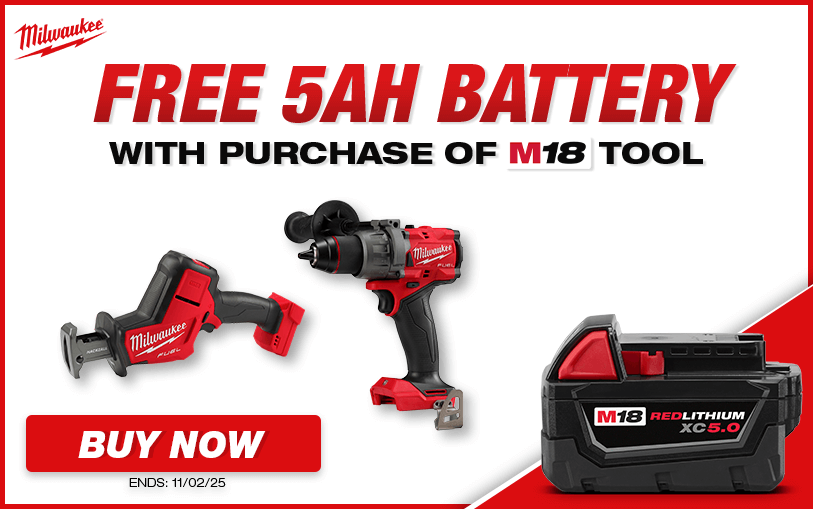 Last Chance | Free Milwaukee 5Ah Battery With Purchase of Select M18 Tools