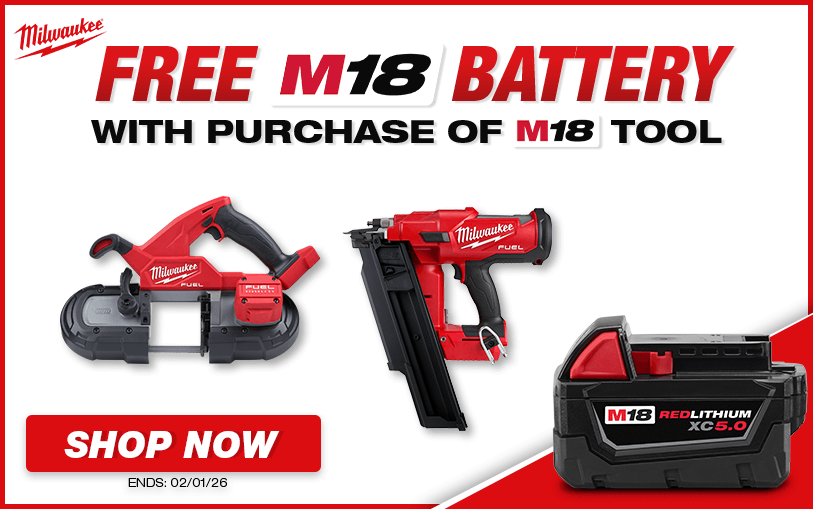 Free Milwaukee M18 Battery With Purchase of Select M18 tools
