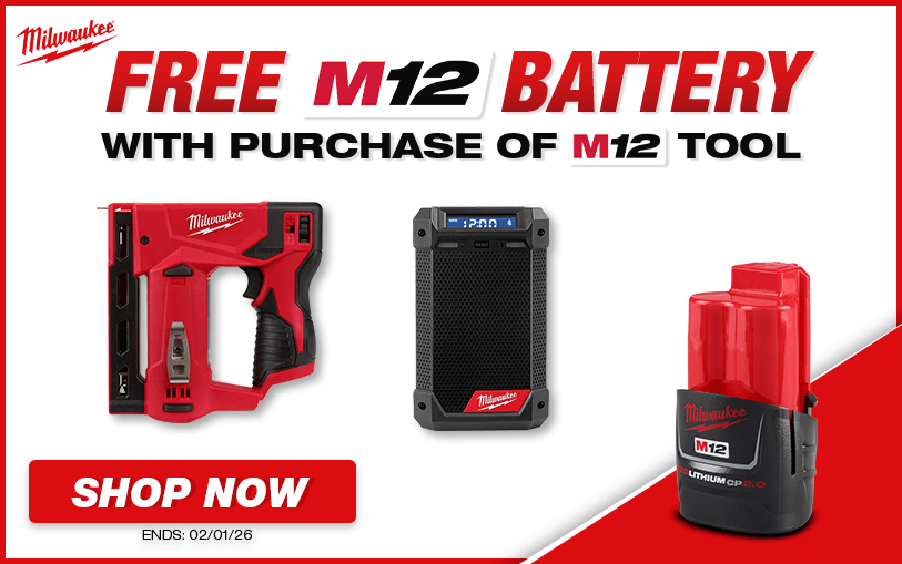 Free Milwaukee M12 Battery With Purchase of Select M12 Tools