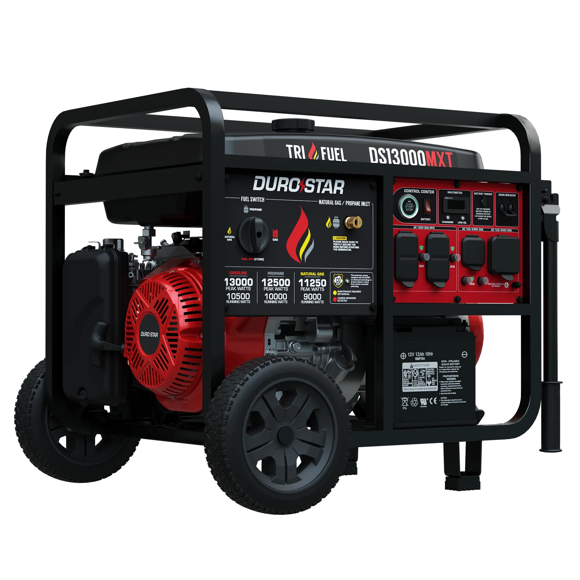 Image of DuroStar DS13000MXT 13,000W/10,500W 500cc Electric Start Tri Fuel Portable Generator w/ CO Alert