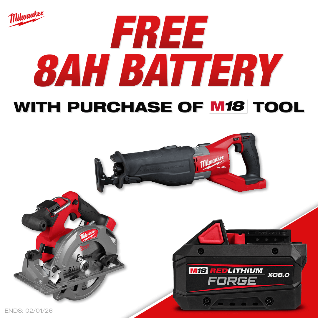 Free Milwaukee 8Ah Battery With Purchase of Select M18 Tools