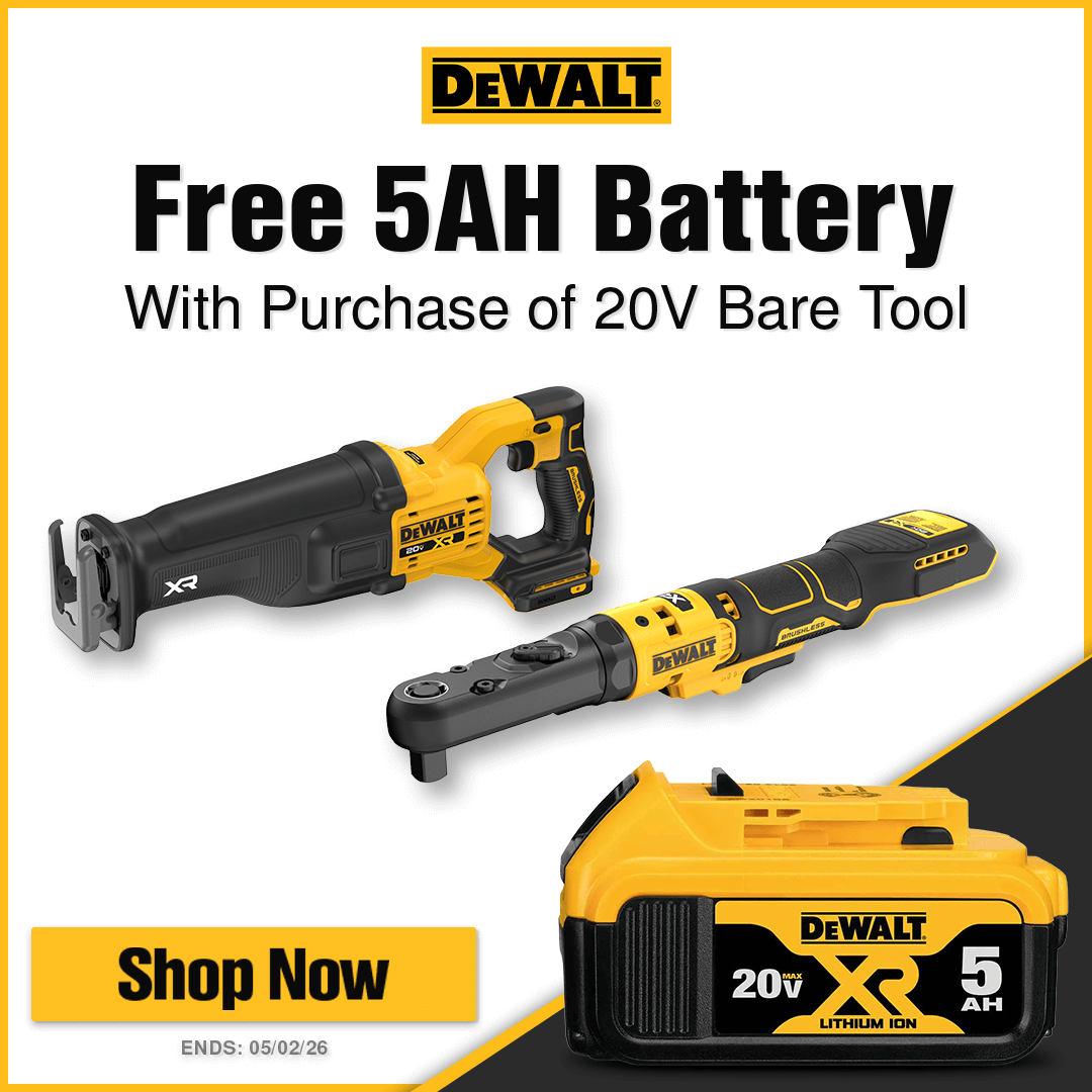 Free DeWALT 5AH Battery With Purchase of Select 20V Bare Tools