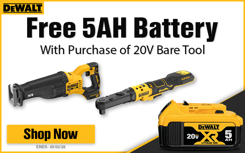 Free DeWALT 5AH Battery With Purchase of Select 20V Bare Tools