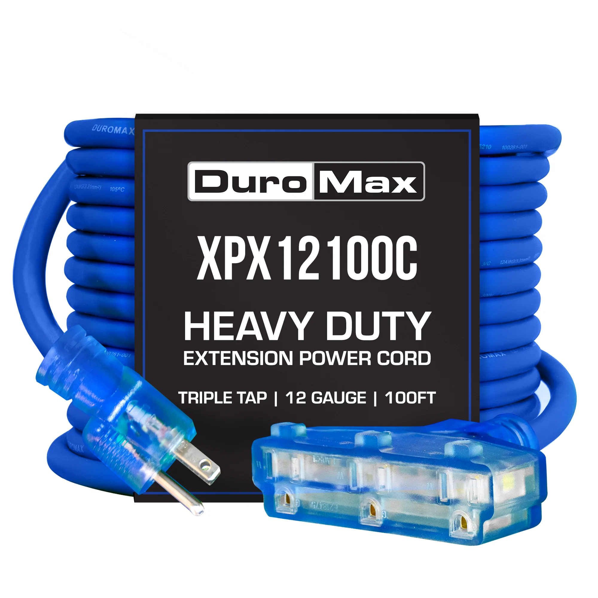 Image of DuroMax XPX12100C Heavy Duty SJEOOW 100-Foot 12 Gauge Blue Triple Tap Extension Power Cord