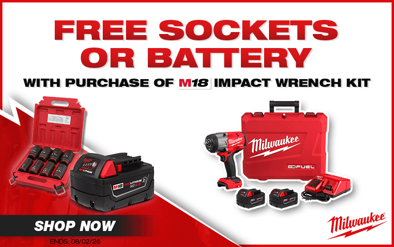 NEW: Free Milwaukee Sockets or Battery With Purchase of Select M18 Impact Wrench Kits