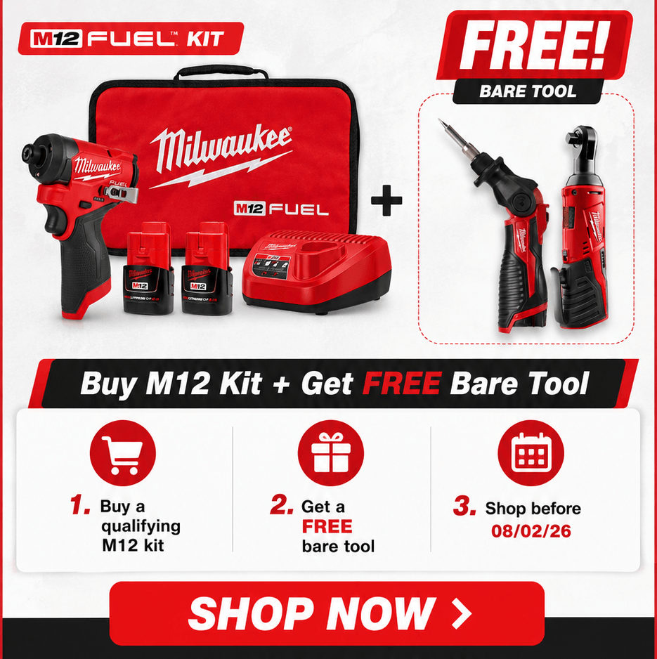 Subject: Milwaukee Deal: Buy M12, Get A Bare Tool Free :toolbox: Preview: Upgrade your setup with Milwaukee M12 and score a free bare tool with purchase.