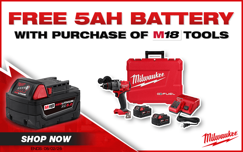 Free Milwaukee 5AH Battery With Purchase of Select M18 Tools