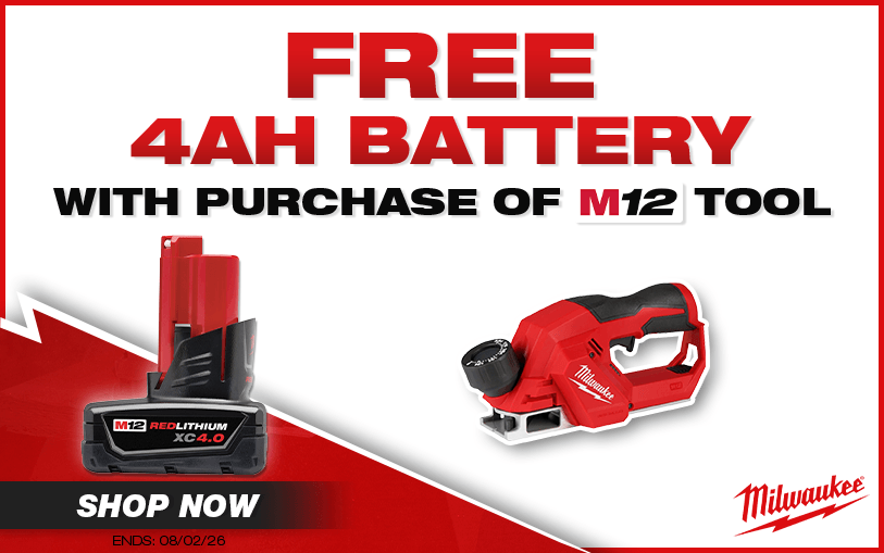Free Milwaukee 4AH Battery With Purchase of Select M12 Tools
