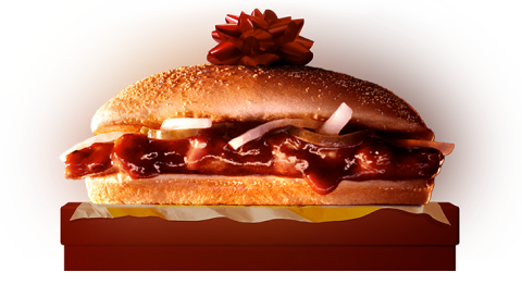 McRib sandwich with a red bow on top.