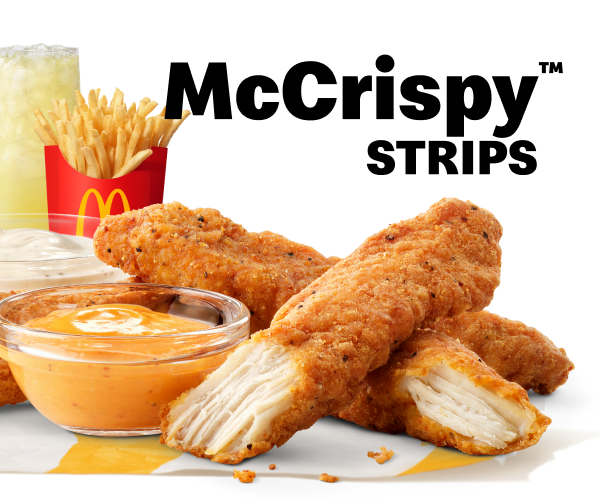McCrispy Strips meal featuring Creamy Chili Dip and Ranch, plus medium fries and a lemonade.