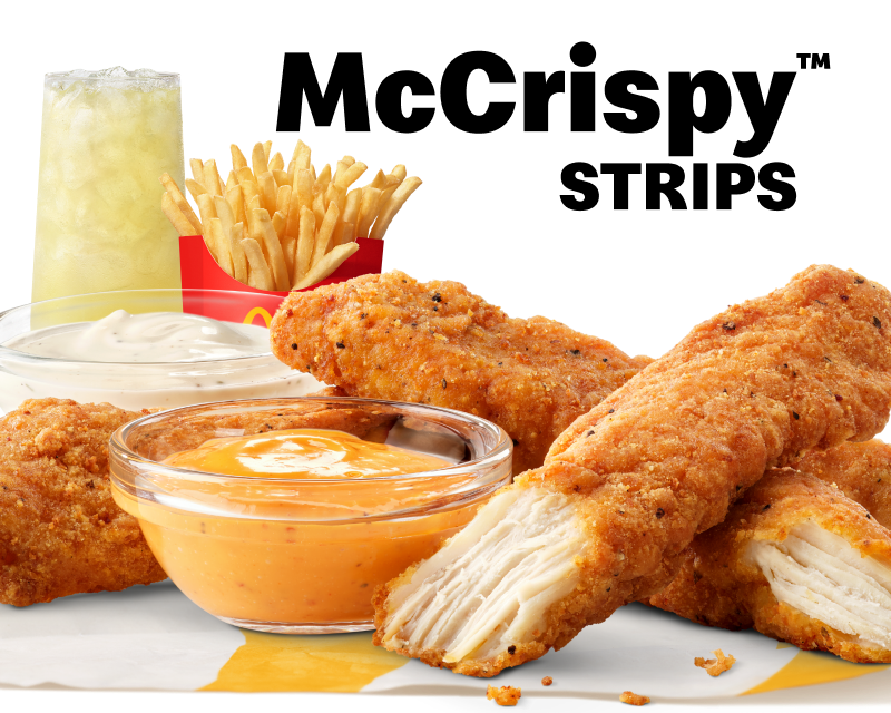 McCrispy Strips meal featuring Creamy Chili Dip and Ranch, plus medium fries and a lemonade.