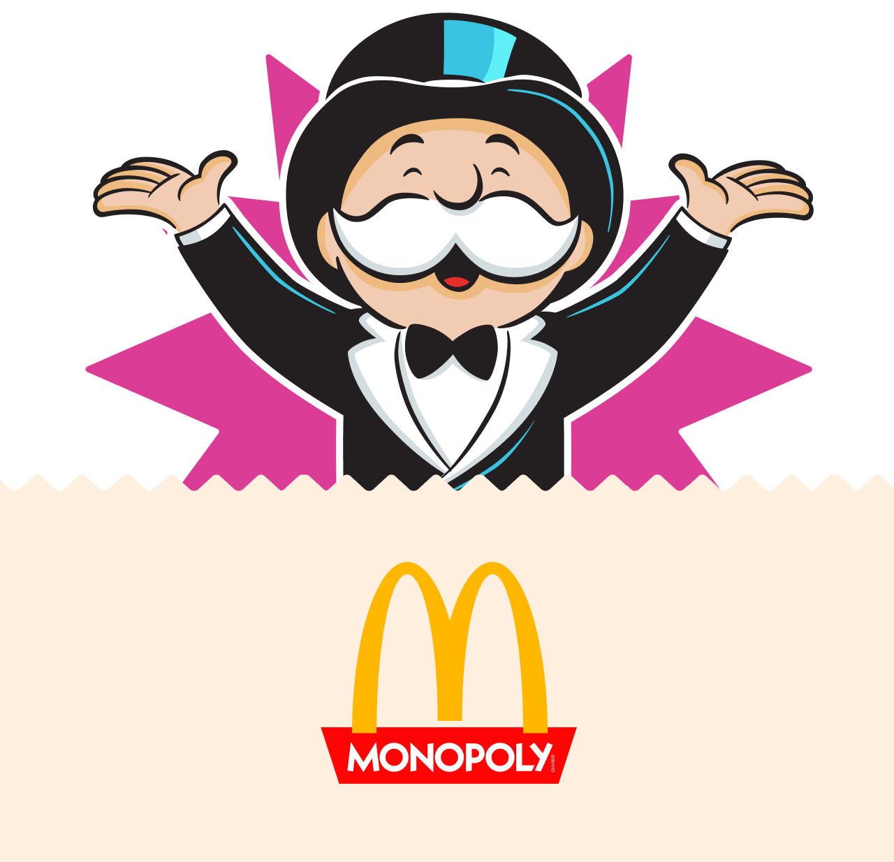 Mr. Monopoly with his hands up. Monopoly at McDonald's logo.