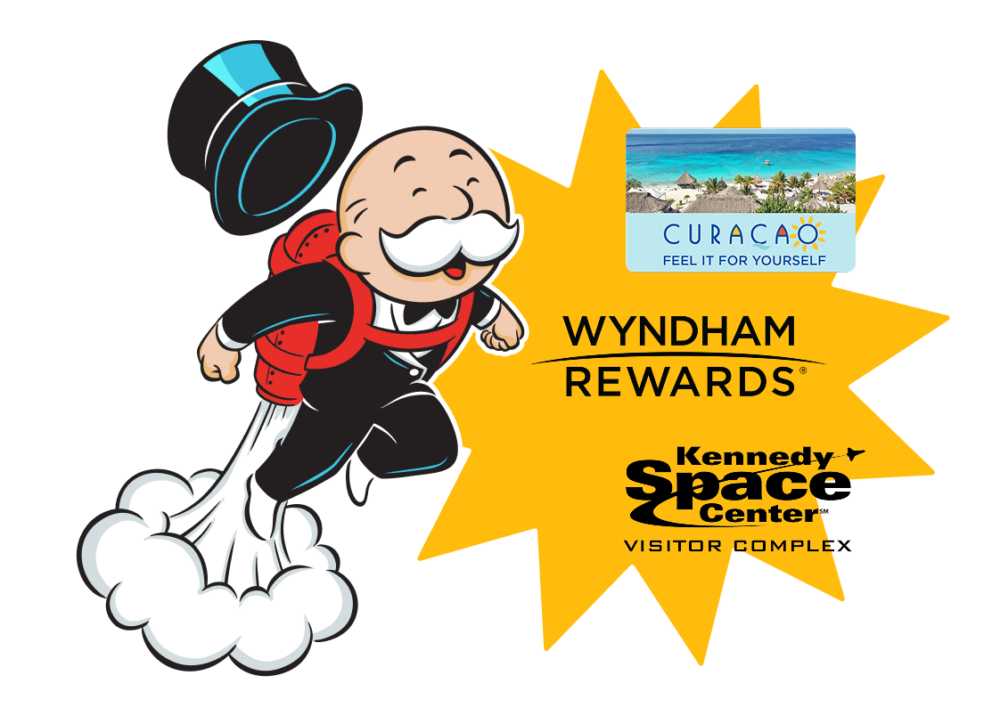 From trips to Curaçao, Wyndham Rewards, Kennedy Space Station and more. Mr. Monopoly on a jet pack.