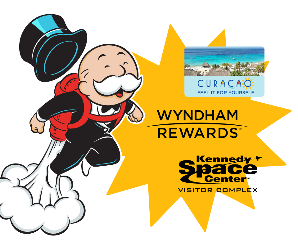 From trips to Curaçao, Wyndham Rewards, Kennedy Space Station and more. Mr. Monopoly on a jet pack.