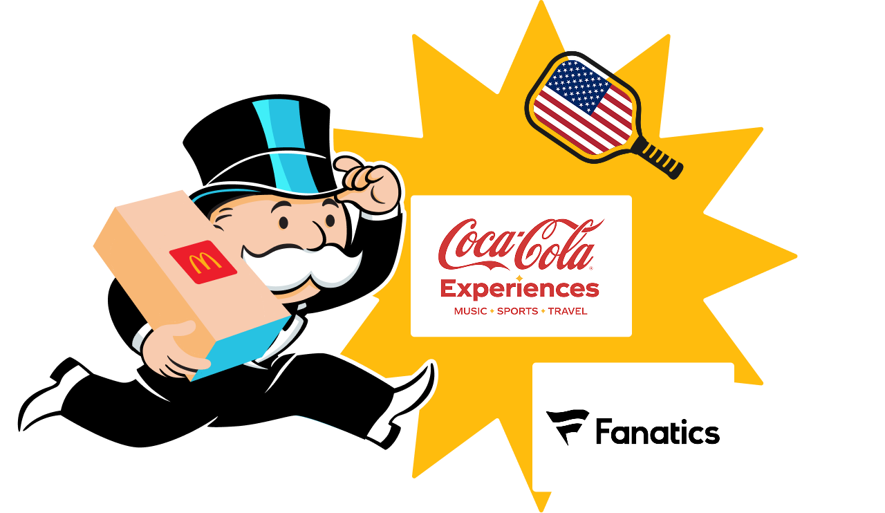 From Pickleball Paddles US, Coca-Cola Experiences, Fanatics and more. Mr. Monopoly running.
