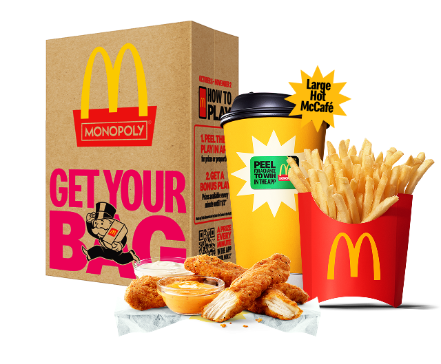 Image of 4 piece McCrispy Strips, Medium Fries, and a Large Hot McCafé in front of a McDonald’s bag.