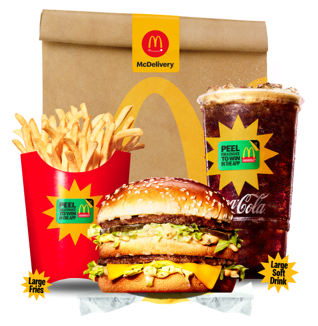 A meal in front of a McDelivery bag.