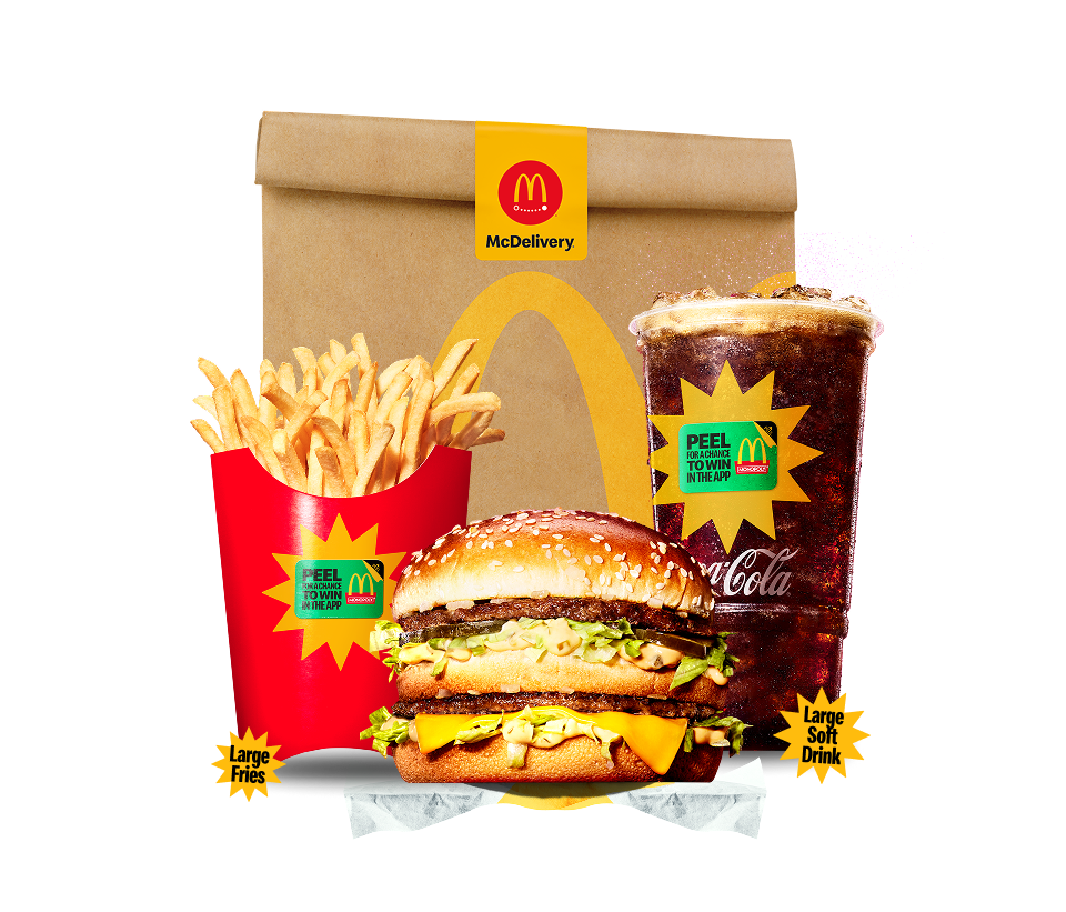 A meal in front of a McDelivery bag.