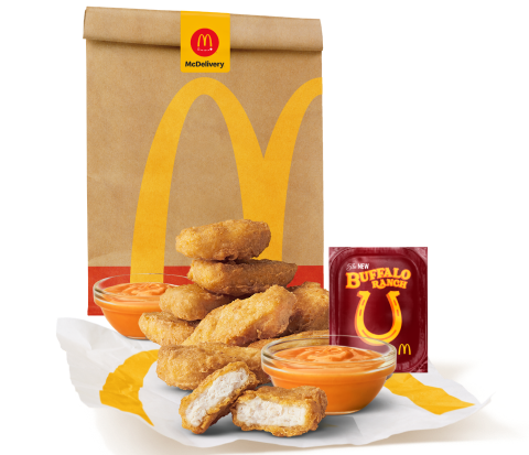 McDelivery bag with Chicken McNuggets and the new Buffalo Ranch Sauce.