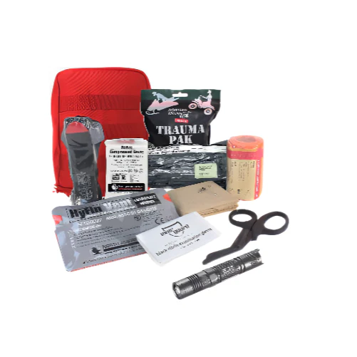 Image of MediTac Premium IFAK Kit - Trauma Pak, CAT Tourniquet, HyFin Vent Chest Seal, Israeli Bandage with P12 Tactical LED Flashlight - Red