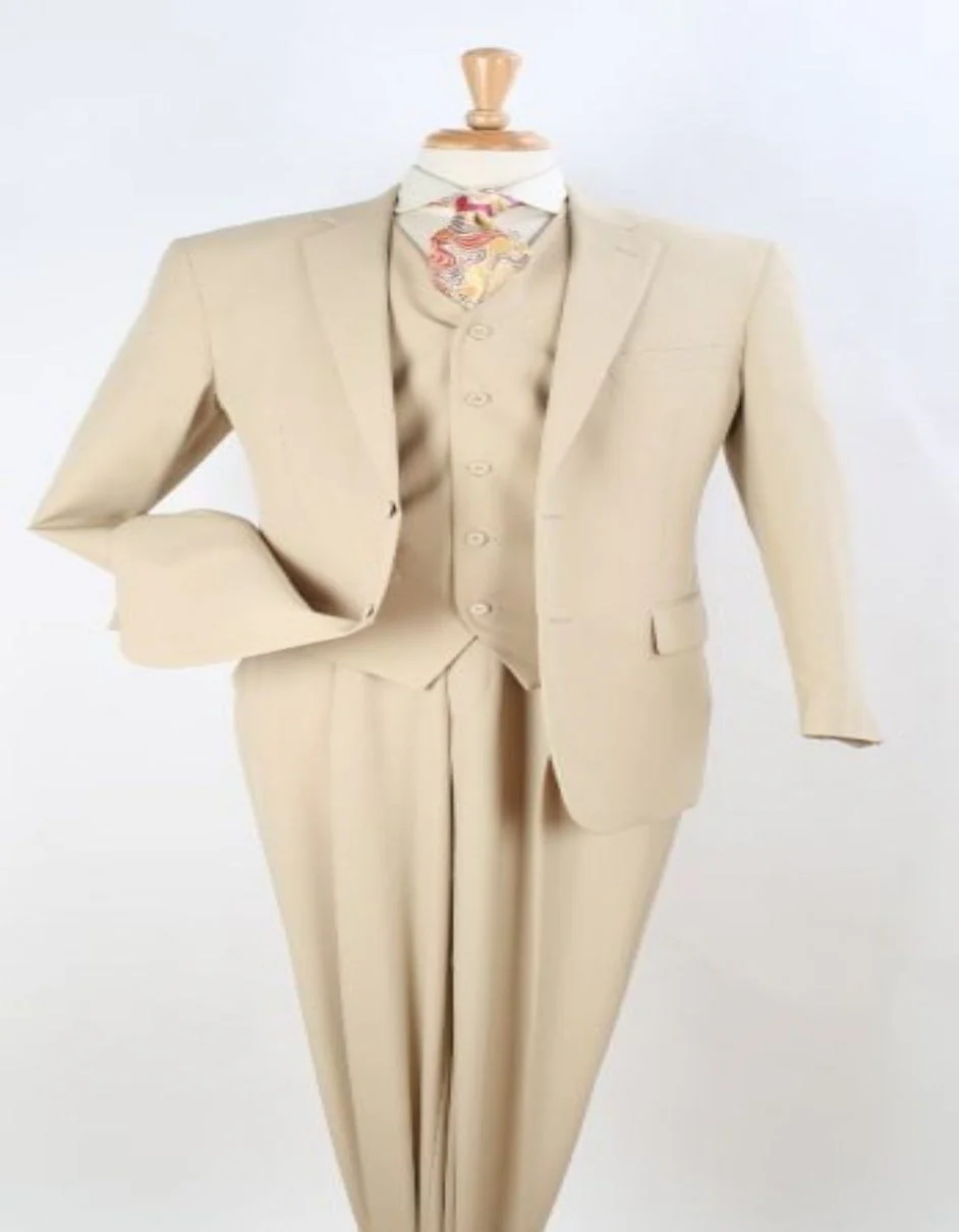 Mens Two Button Pleated Pant Classic Fit Vested Suit in Tan
