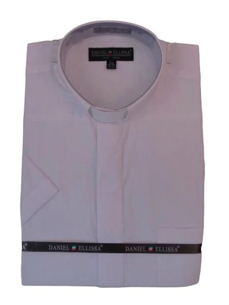 Men's Mandarin Banded Collar Pastor Preacher Minister Short Sleeve Preacher Round Style tea pink Collarless Shirt
