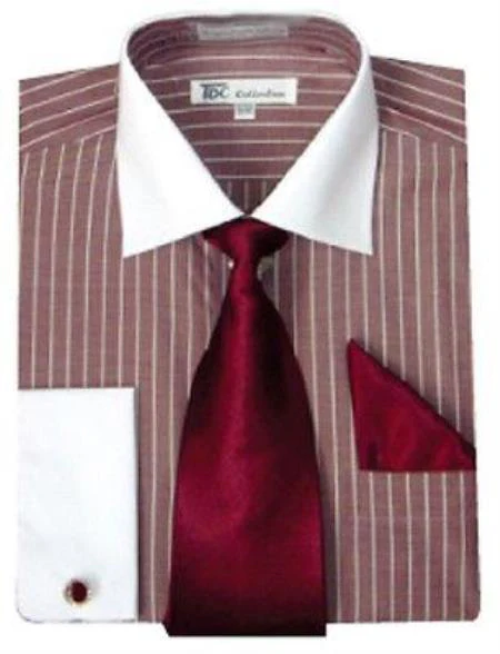 Burgundy ~ Wine ~ Maroon Stylish Men's White Collar With Tie ~ Two Toned Contrast French Cuff Striped Men's Dress Shirt