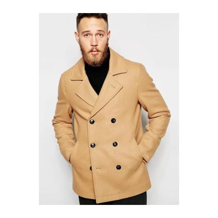 Mens Camel ~ Tan ~ Beige ~ khaki Wool Fabric Peacoat Available in big and tall sizes